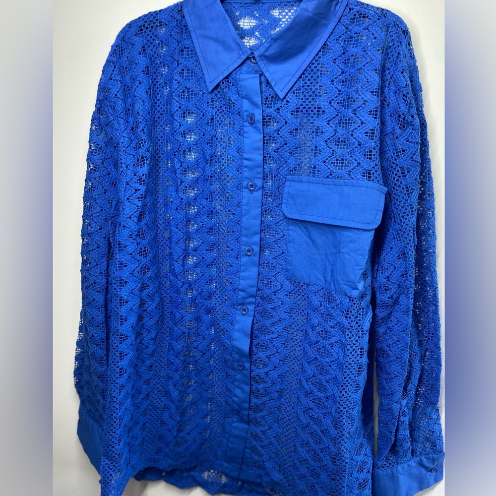Vibrant Blue Lace Button-Up Shirt